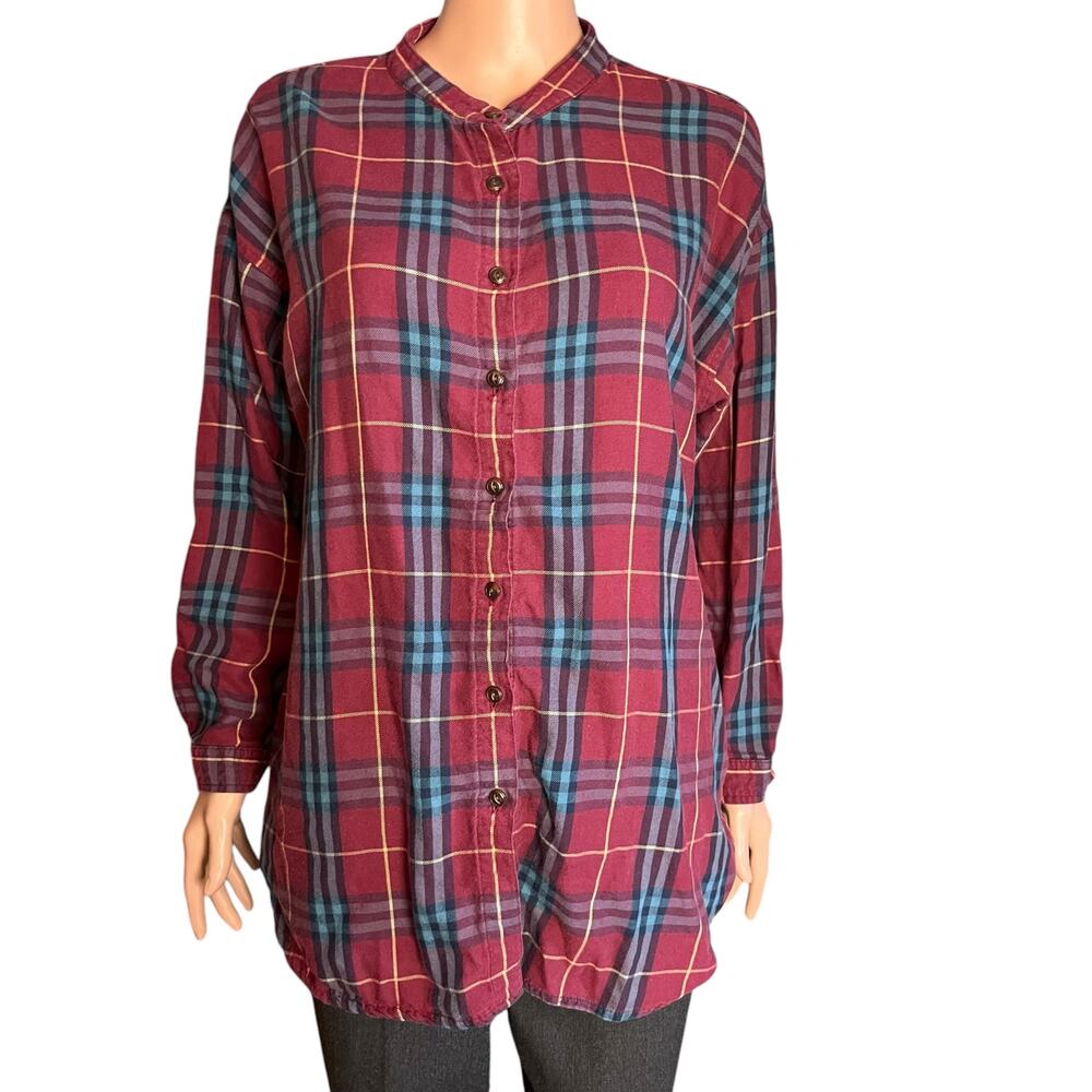 L. L. Bean Tartan Plaid Flannel Shirt Womens Large Petite Red Blue Button Down